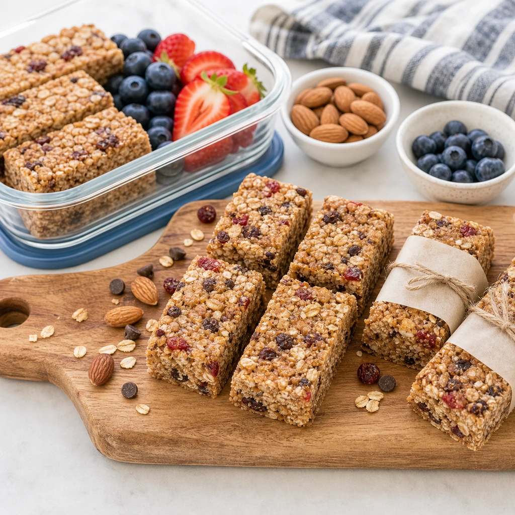 Cut homemade granola bars packed for snack prep with berries and parchment wrap