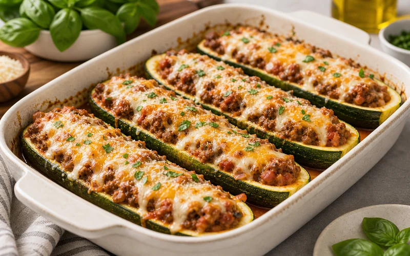 Ground beef cheese stuffed zucchini boats baked with tomato sauce, melted cheese, herbs, and parmesan
