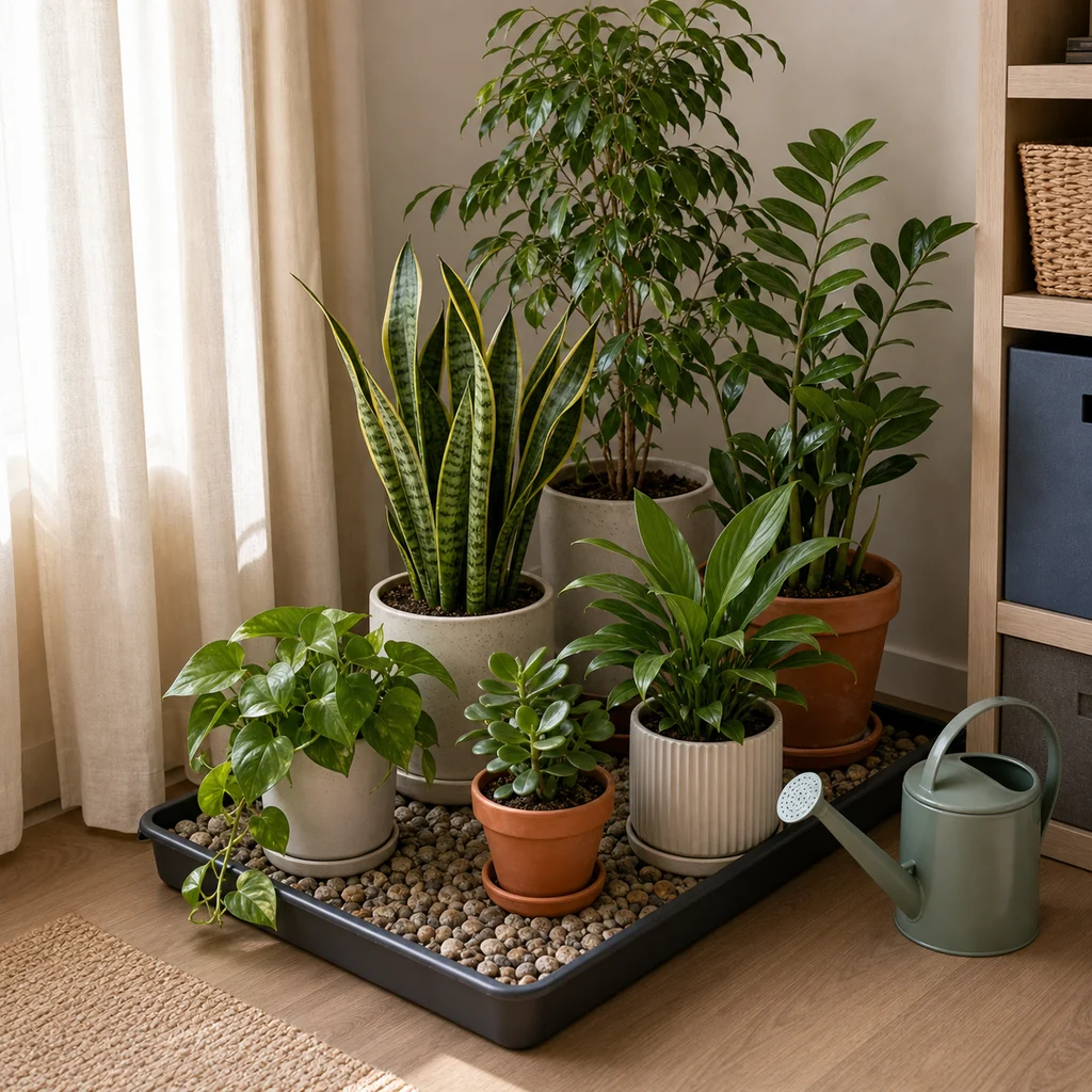 Indoor houseplants grouped on a pebble tray away from direct sun before a trip