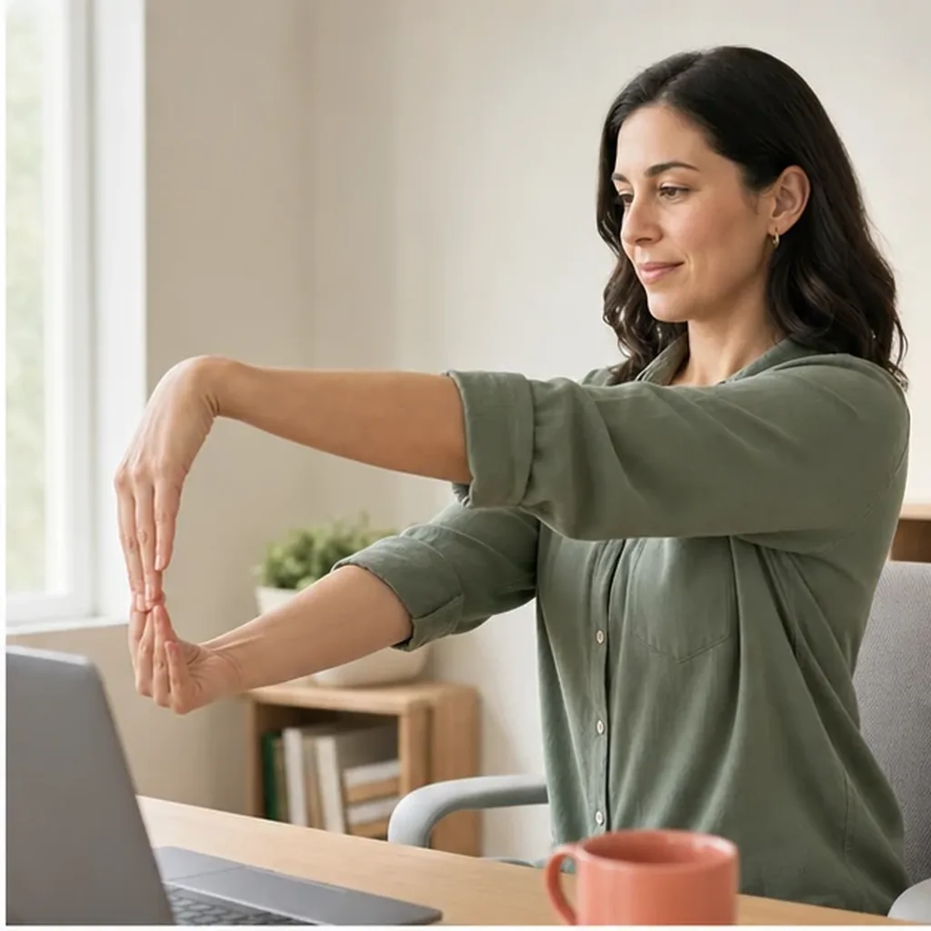 Woman performing a wrist flexor stretch