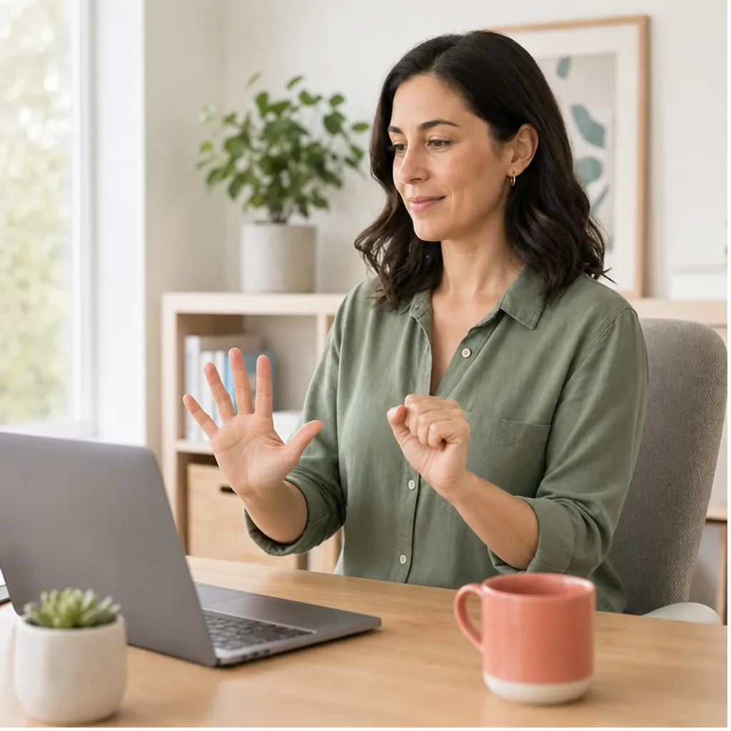Woman opening and closing her hands beside a laptop