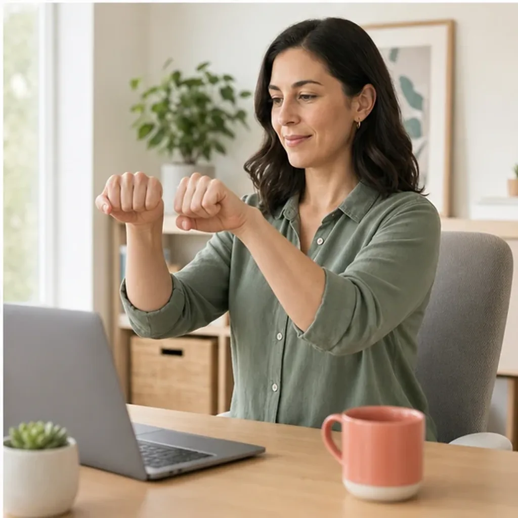 Woman practicing finger tendon glides
