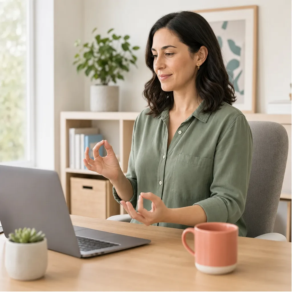 Woman touching each thumb to her fingertips