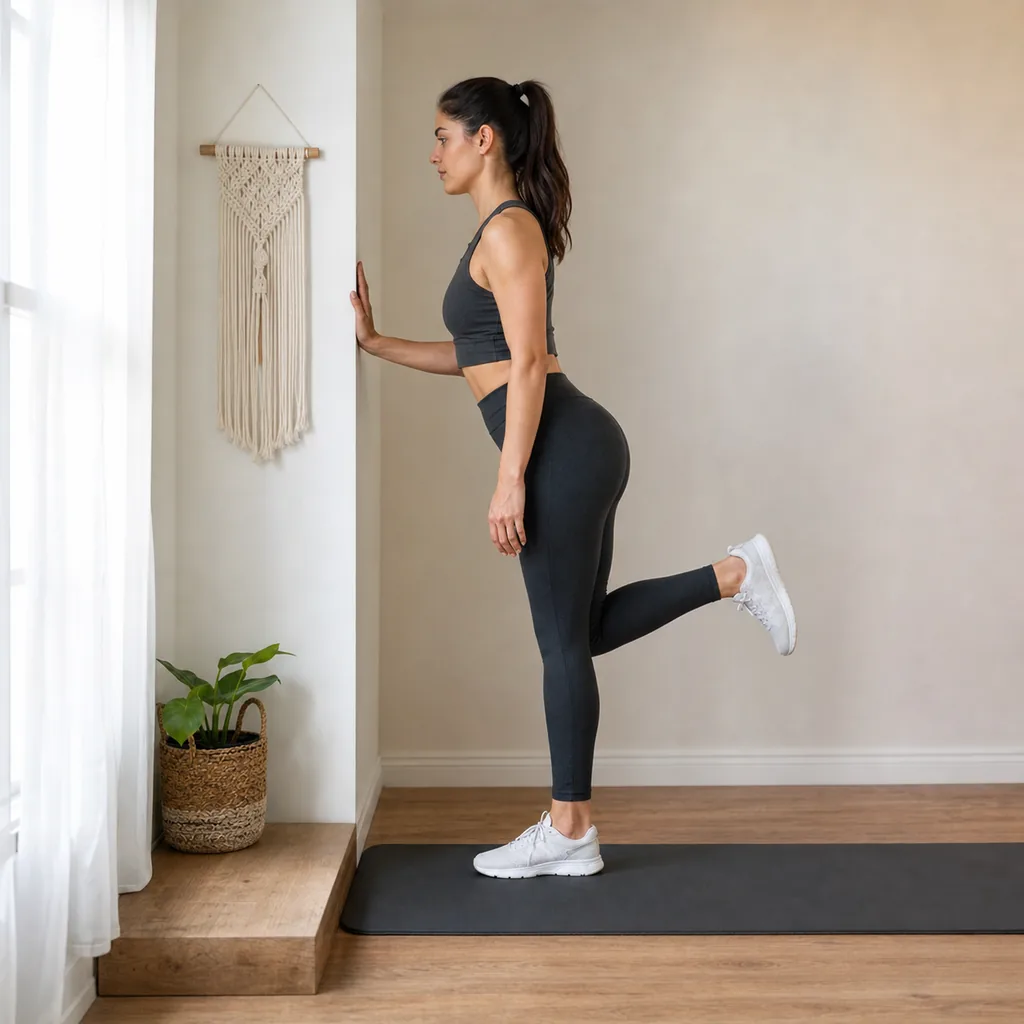 Woman performing a supported standing hamstring curl