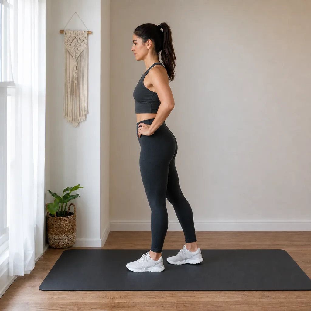 Woman practicing a standing glute squeeze with heel press