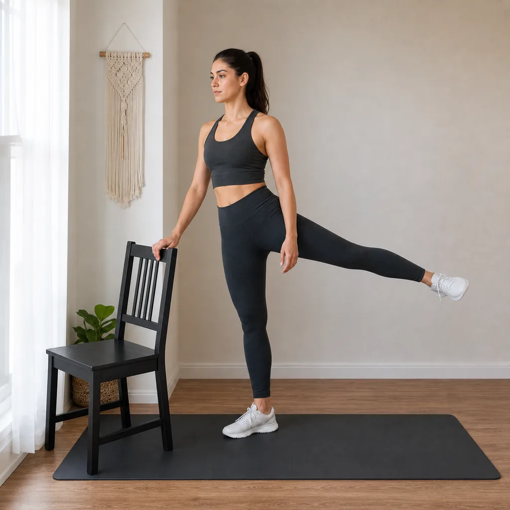 Woman performing a supported standing side leg raise