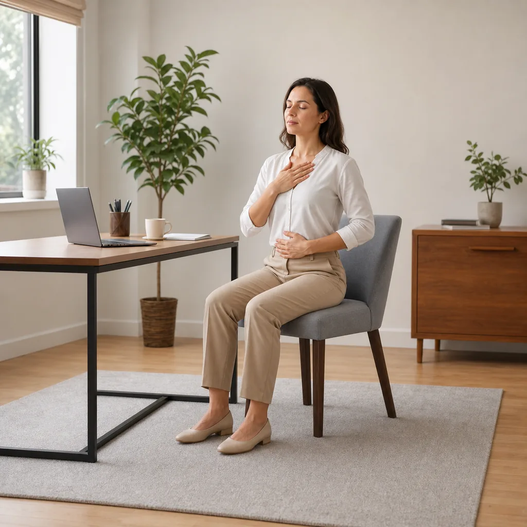 Office worker practicing relaxed seated diaphragmatic breathing
