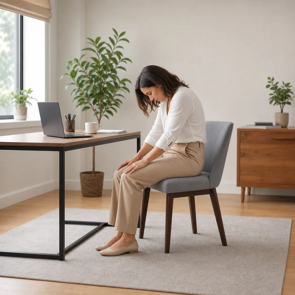 Office worker demonstrating the rounded phase of seated cat-cow