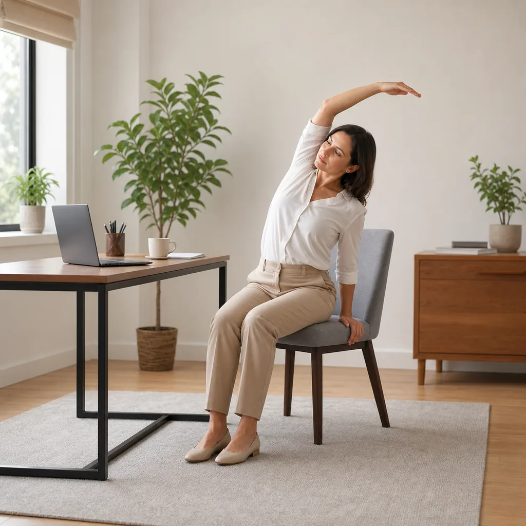 Office worker performing a supported seated side stretch