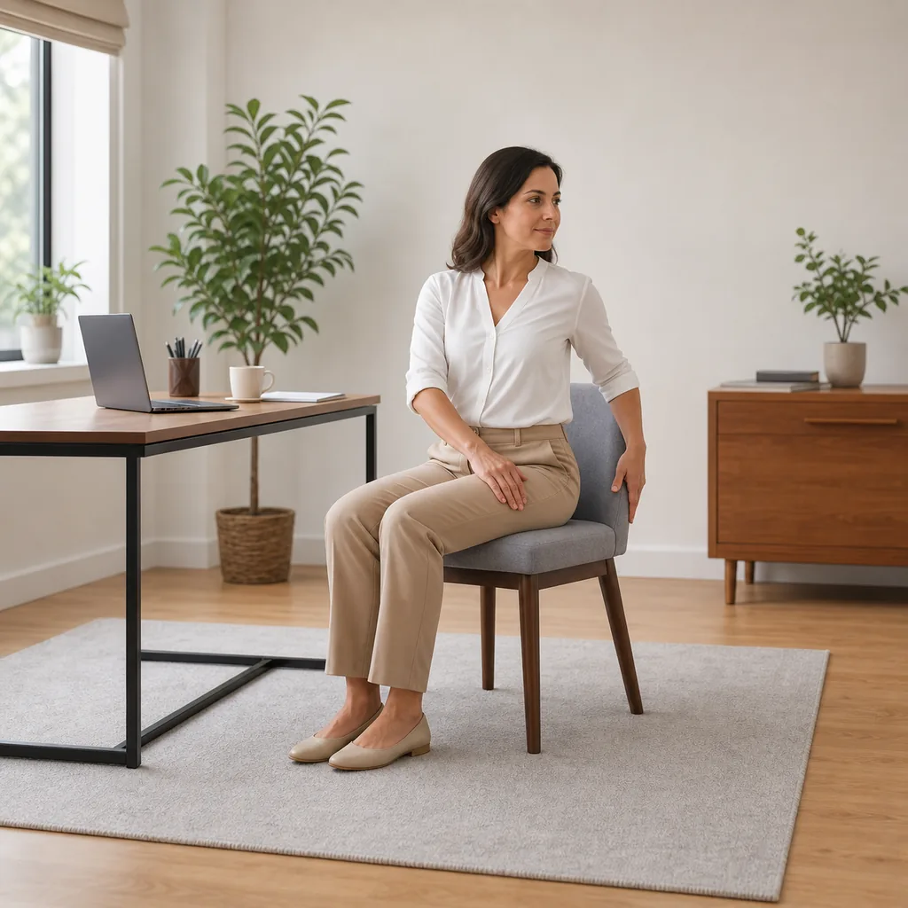 Office worker performing a gentle seated spinal twist
