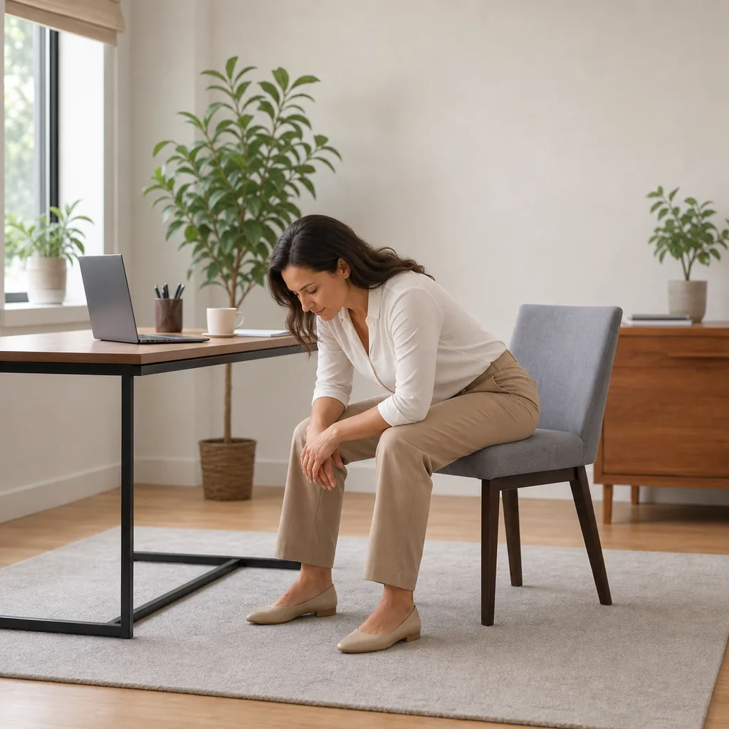 Office worker performing a supported seated forward fold