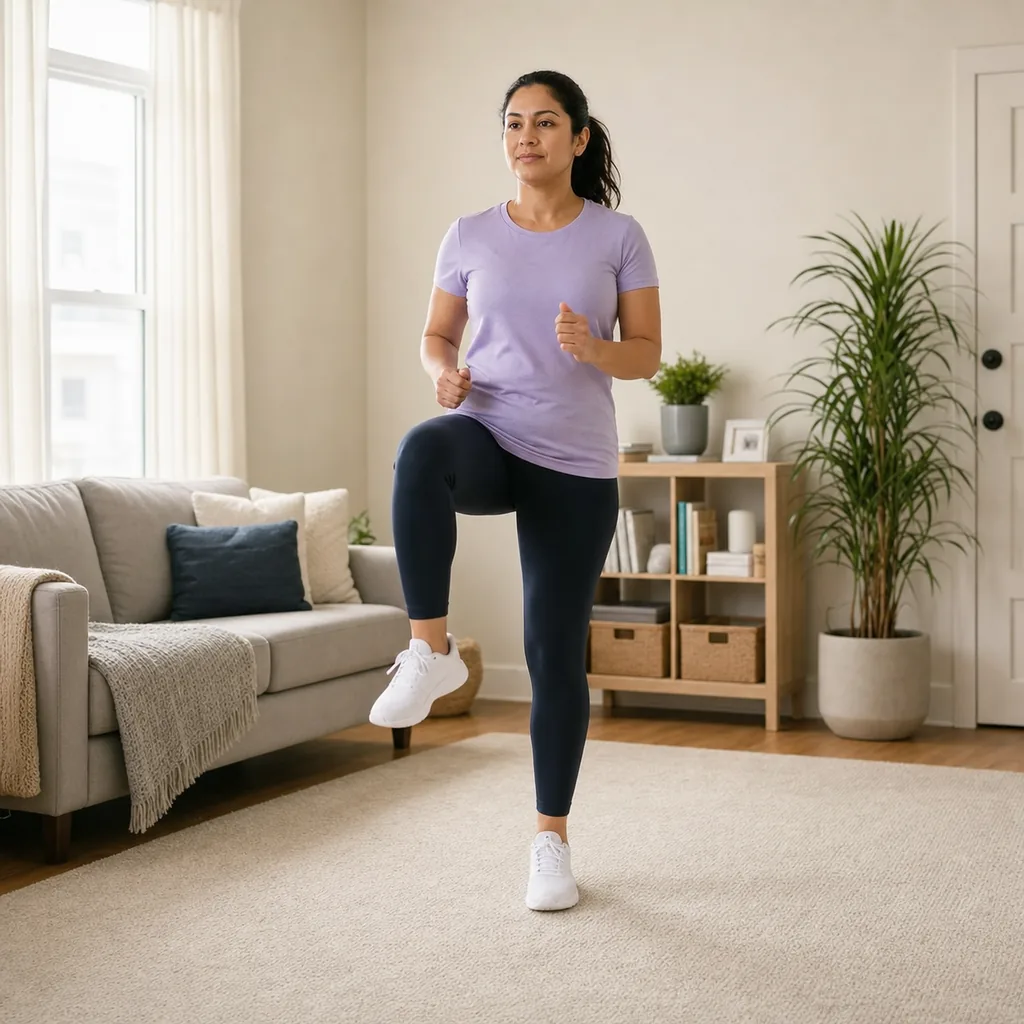 Beginner performing alternating standing knee lifts
