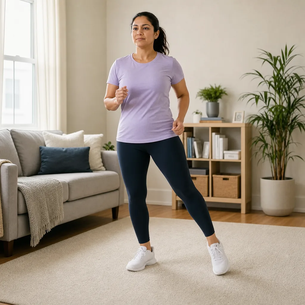 Beginner performing a controlled low-impact step touch
