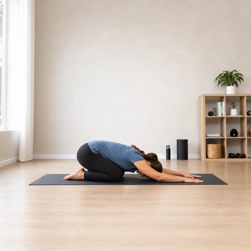 Child's pose with arms extended and forehead supported