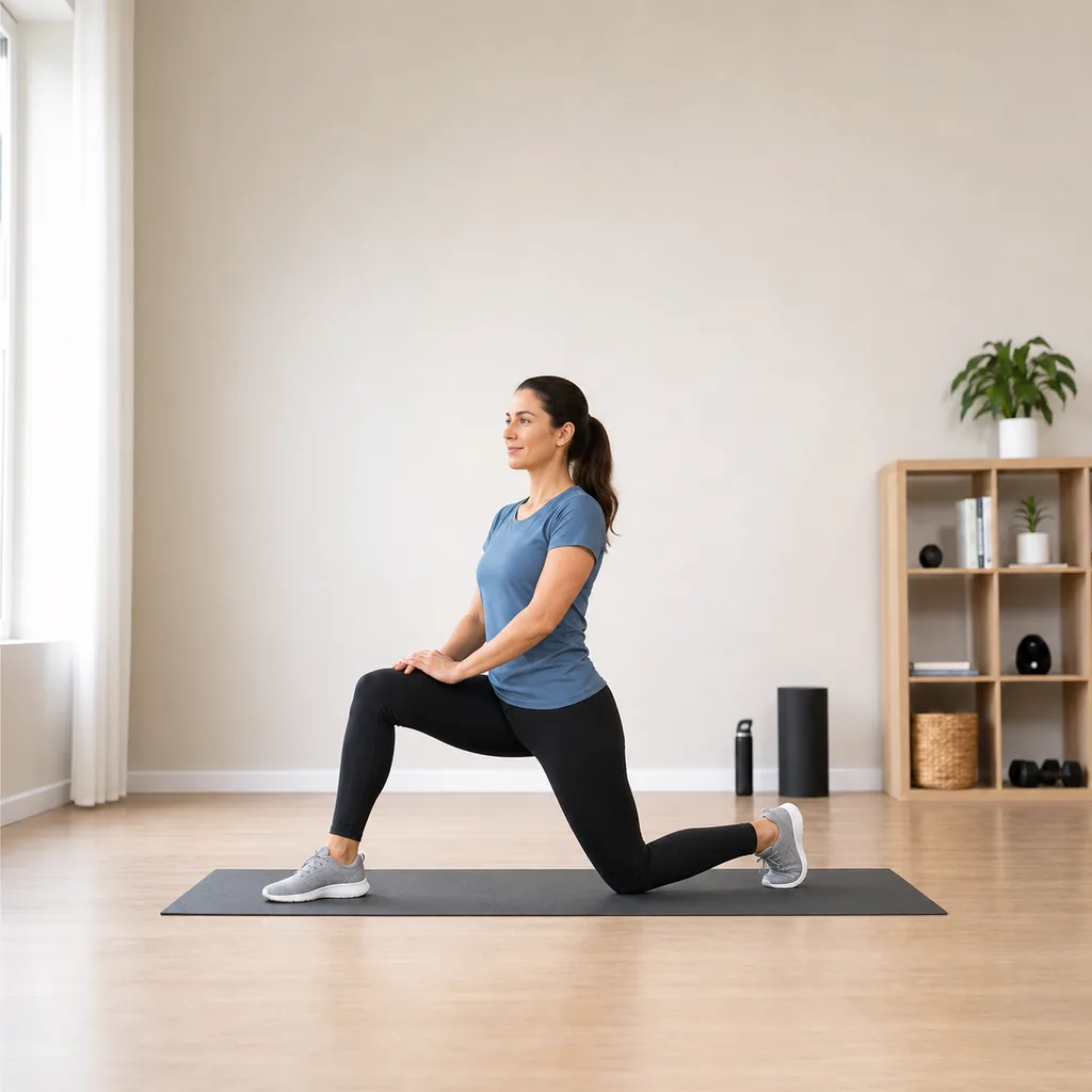 Half-kneeling hip flexor stretch on an exercise mat