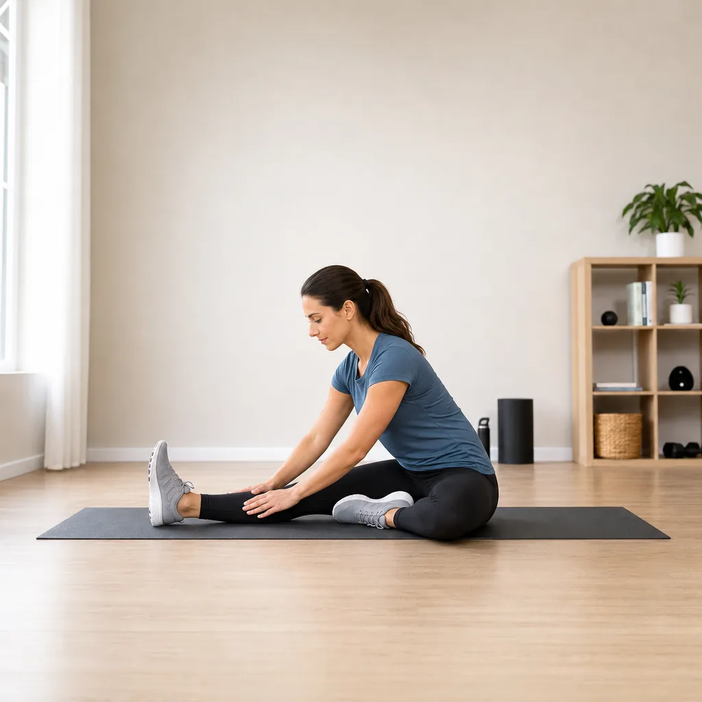 Seated single-leg hamstring stretch with a long spine