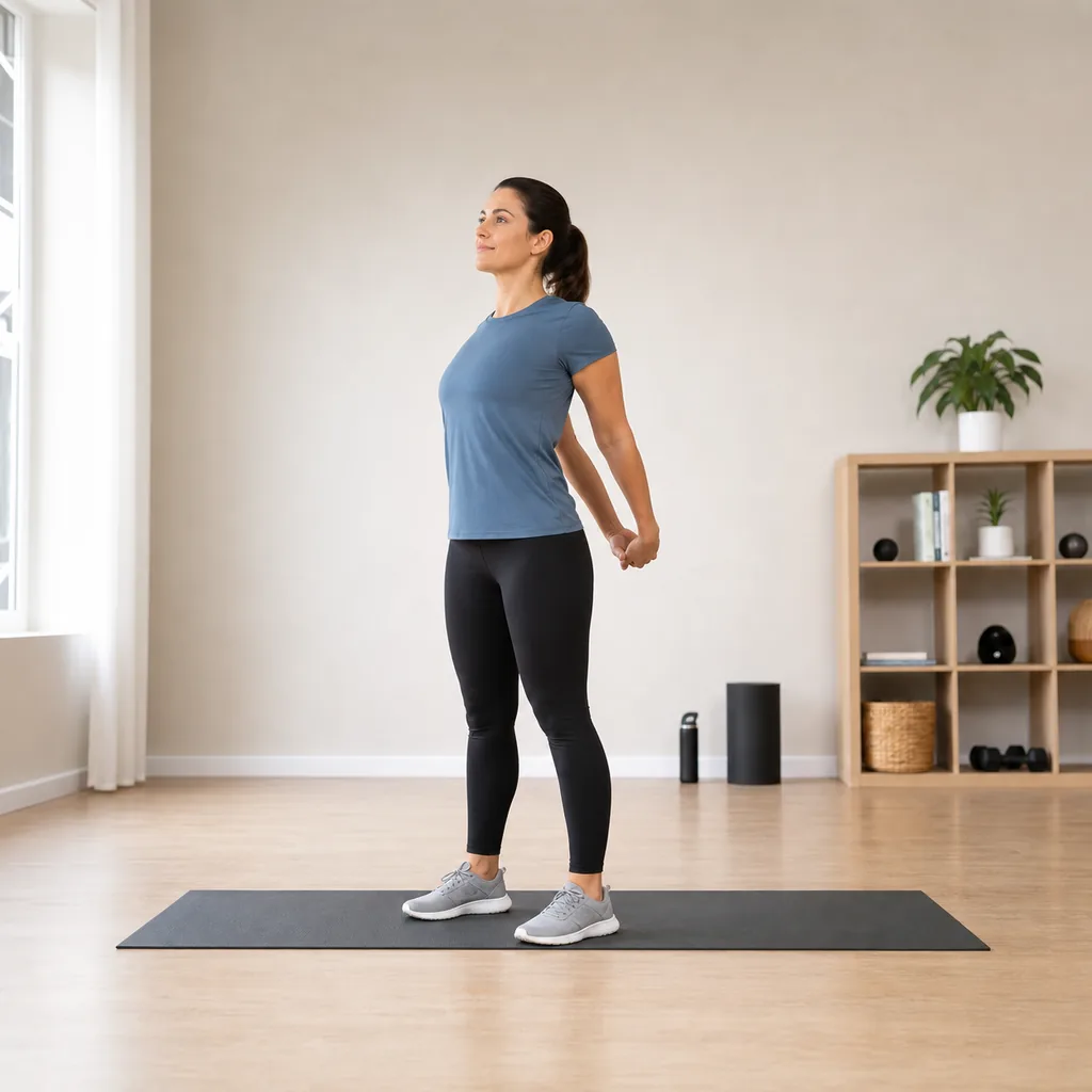 Standing chest opener with hands gently clasped behind the body