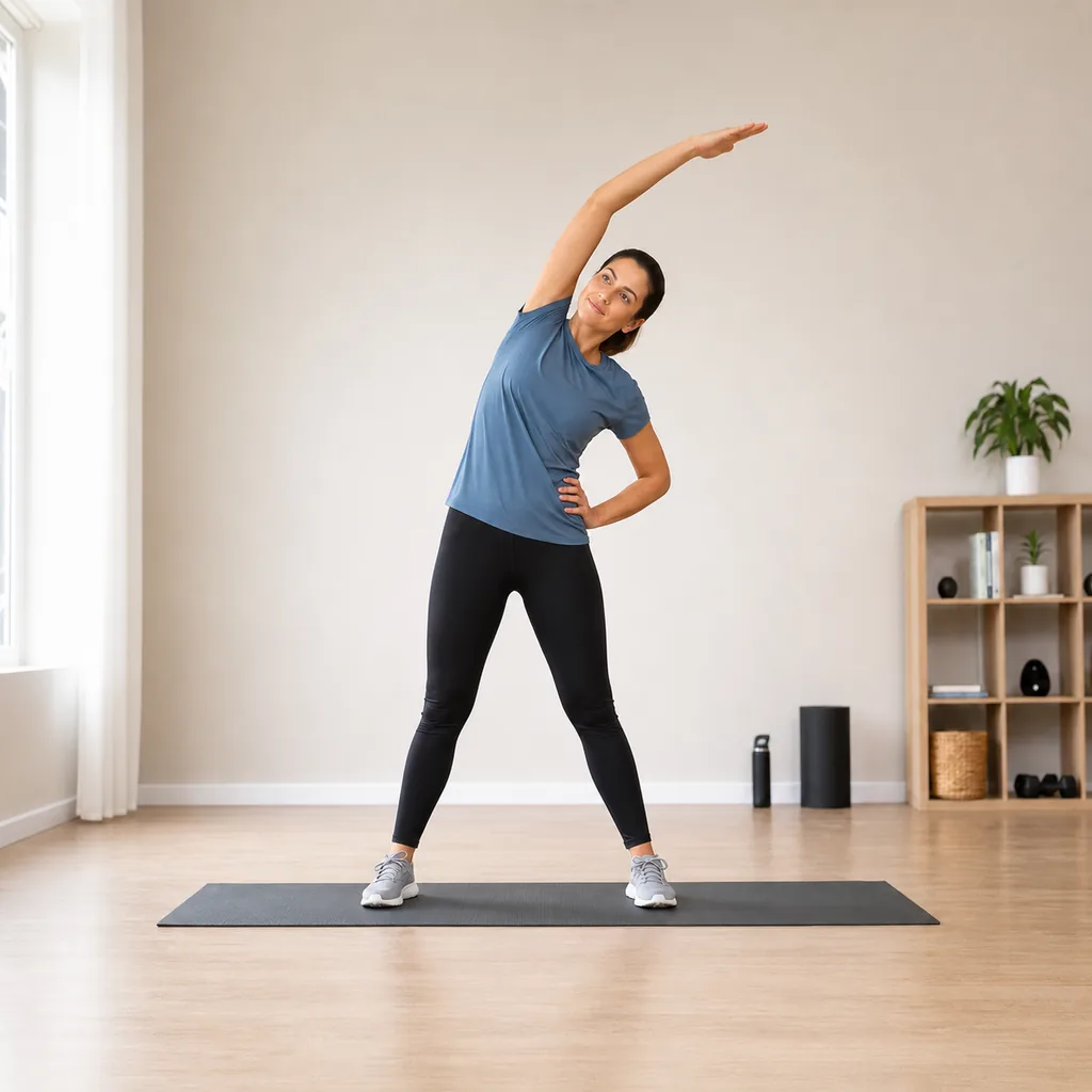 Standing side reach with feet planted and one arm overhead