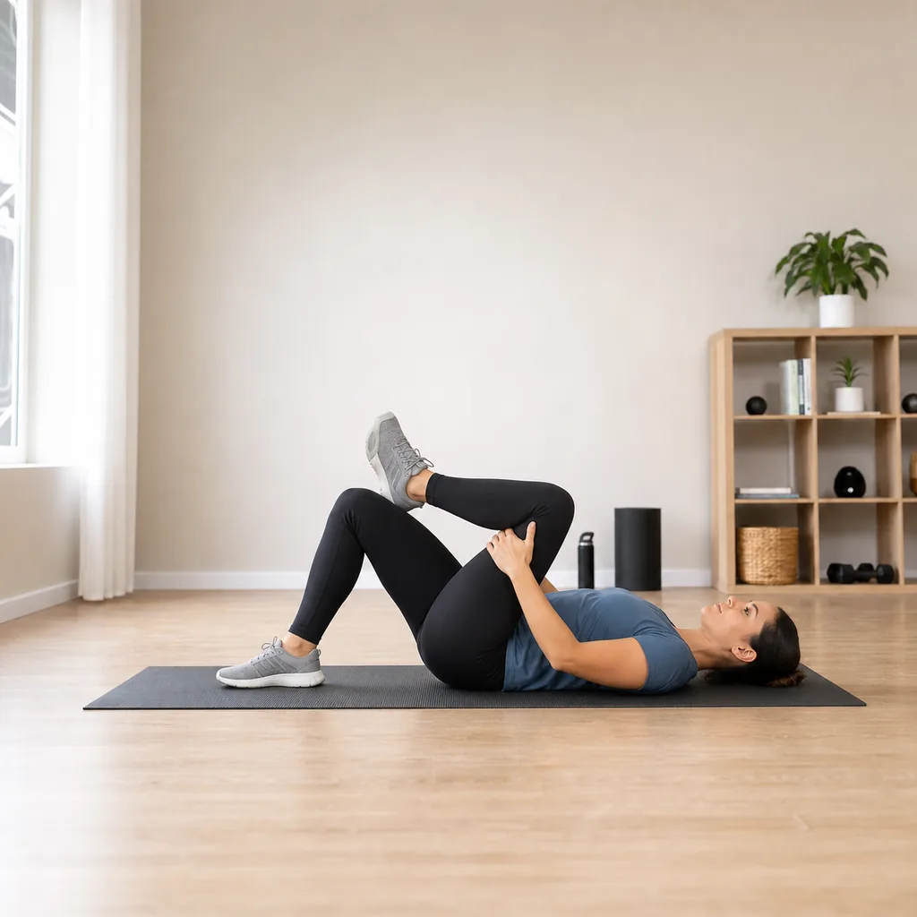 Supine figure-four stretch with head relaxed on the mat