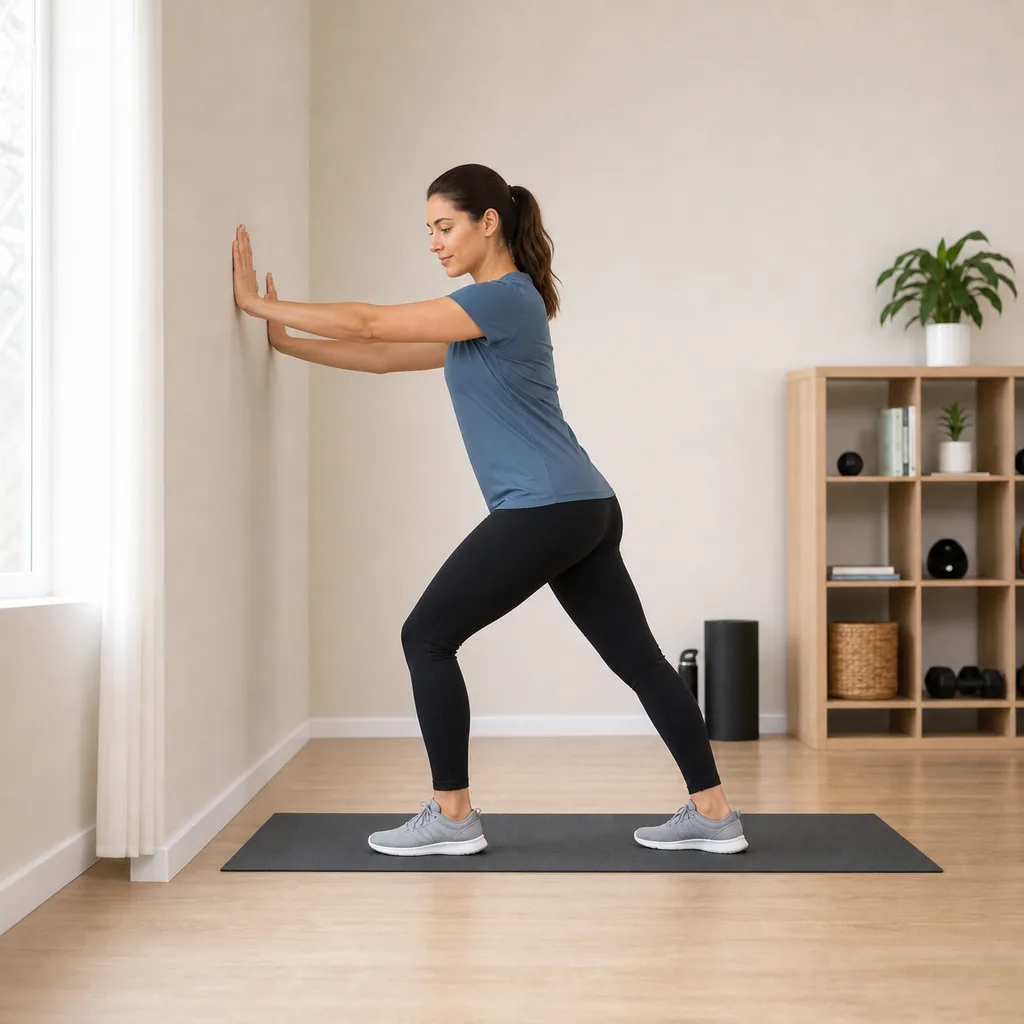 Wall calf stretch with the back heel grounded