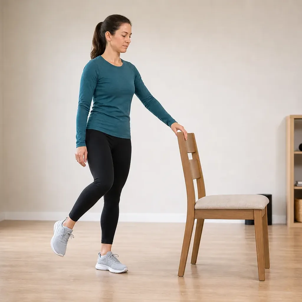 Woman using a chair while performing ankle circles