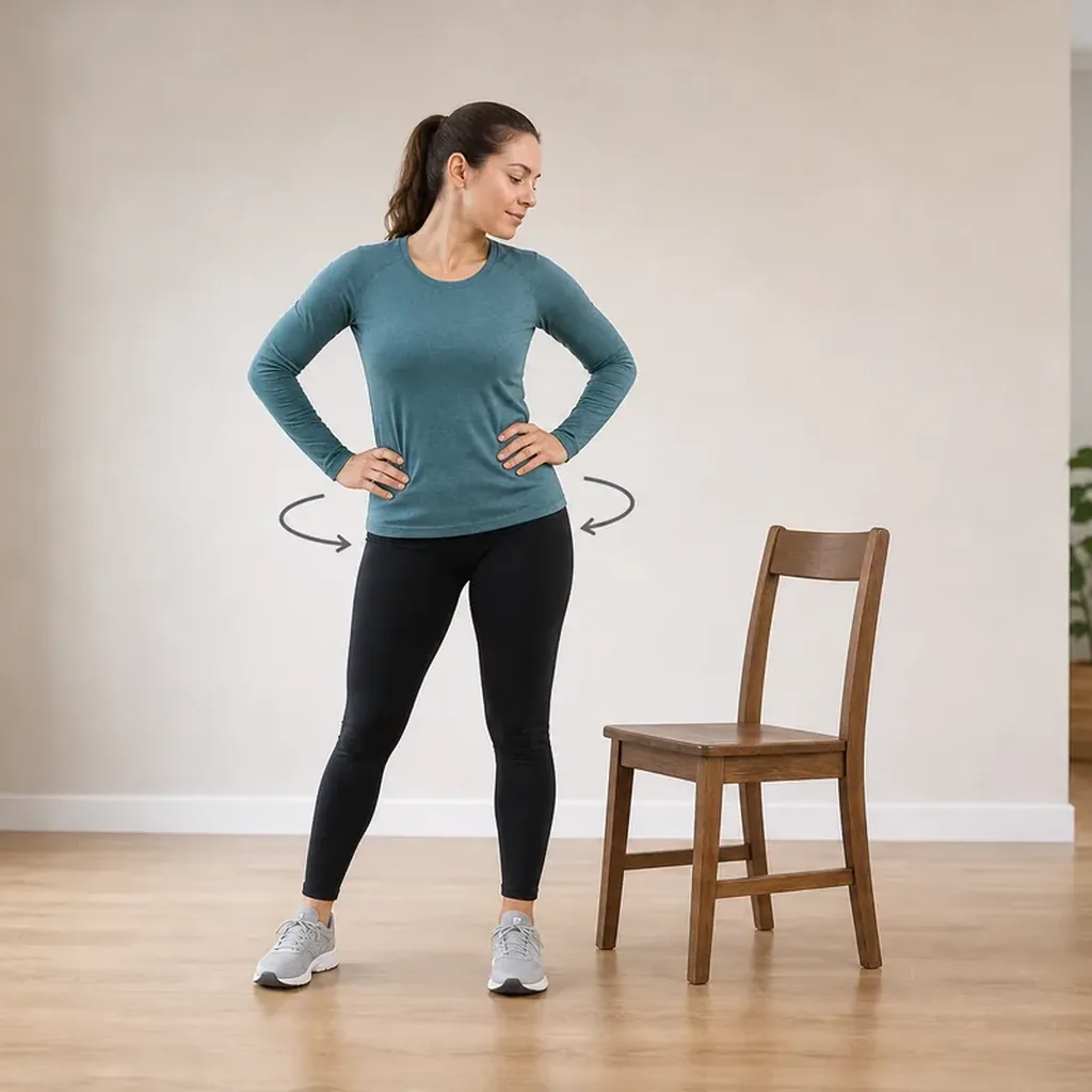 Woman performing small supported standing hip circles