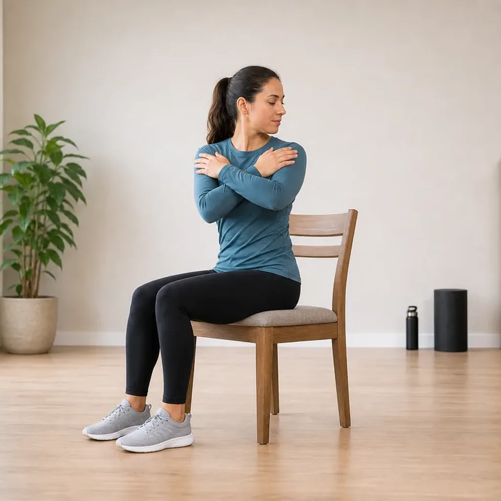 Woman performing a seated upper-back rotation