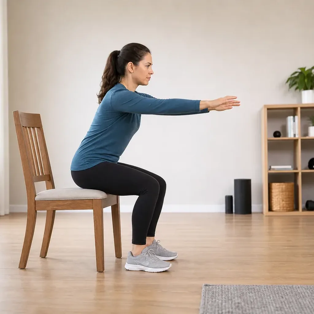 Woman performing a controlled chair sit-to-stand