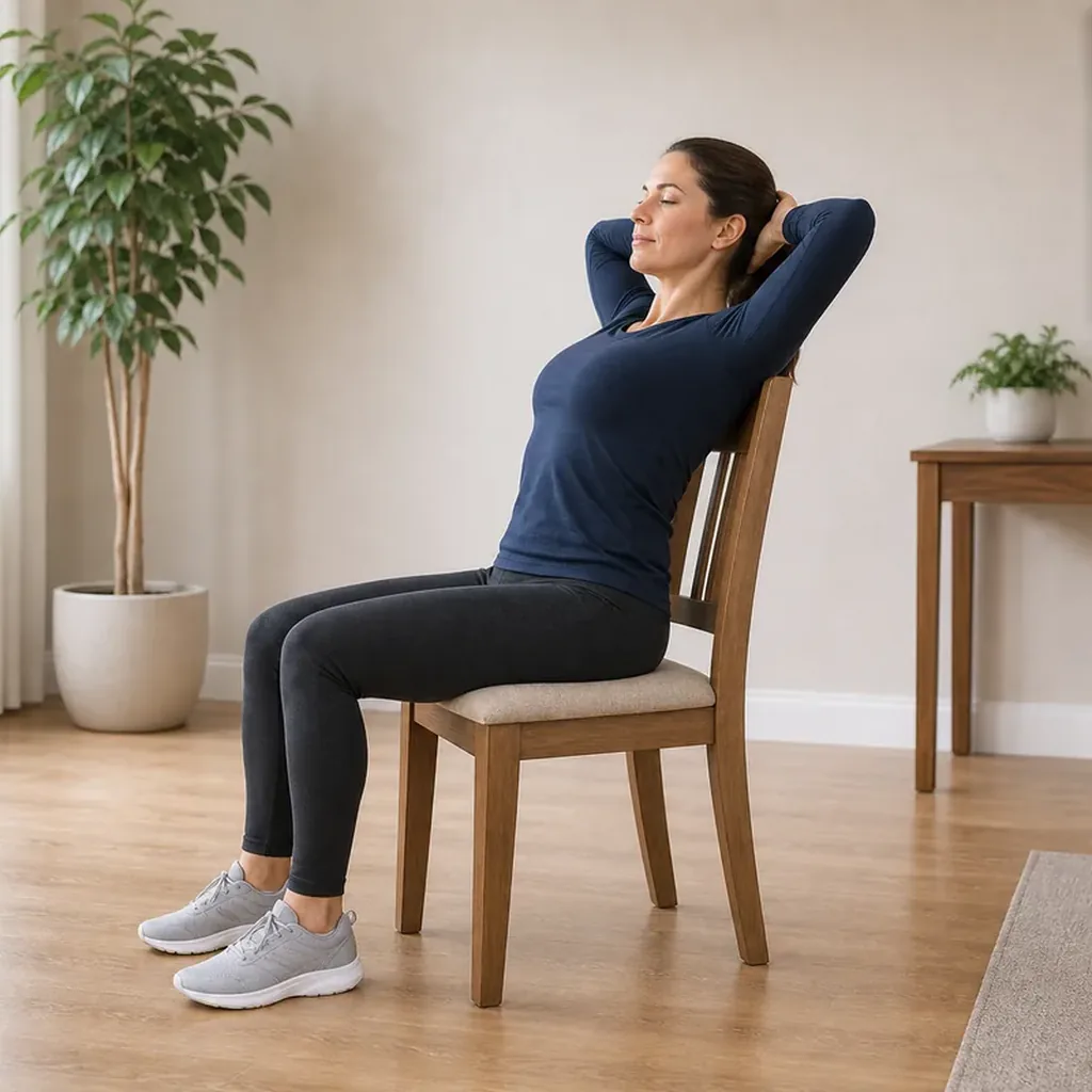 Woman performing a chair-supported thoracic extension
