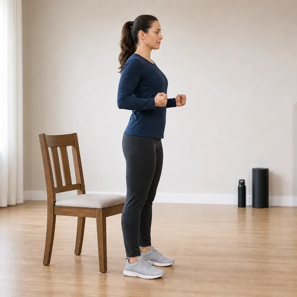 Woman performing a standing shoulder-blade squeeze