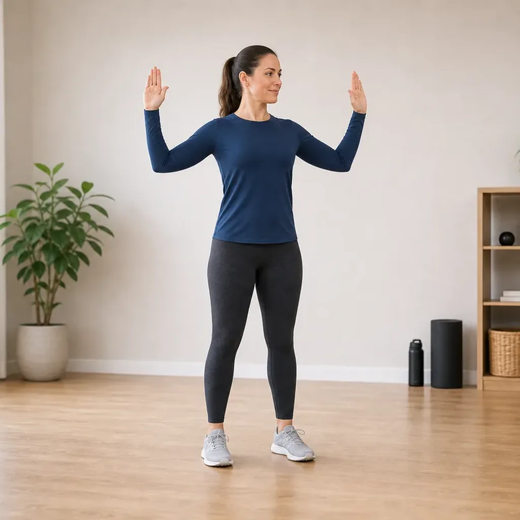 Woman performing a standing W-arm pull
