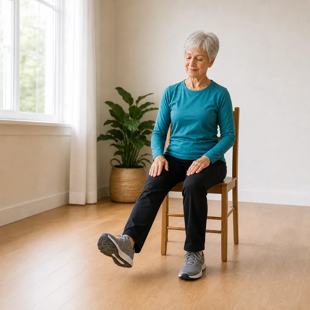 Senior woman lifting one foot for seated ankle circles