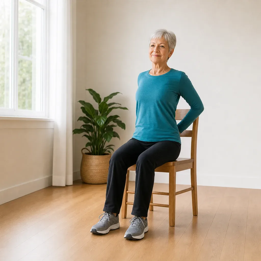 Senior woman performing a seated chest opener