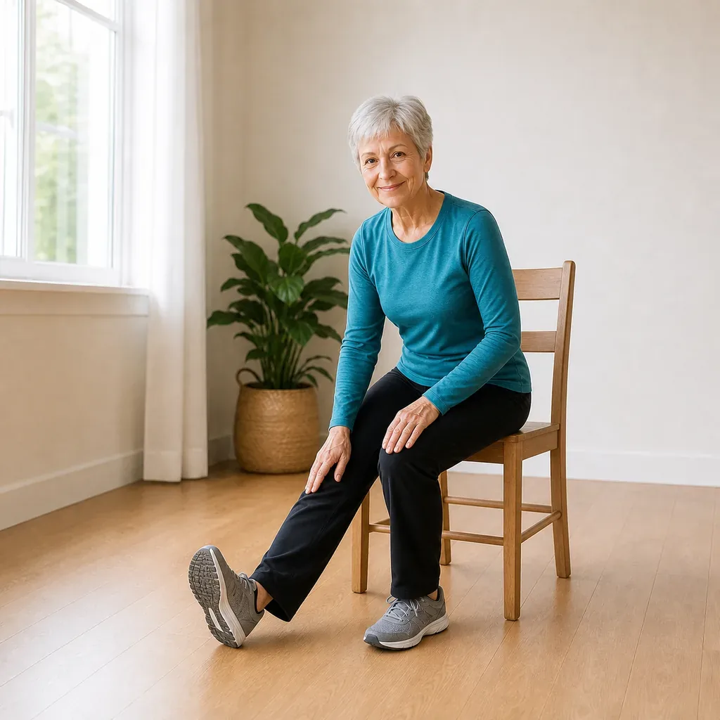 Senior woman performing a supported seated hamstring stretch