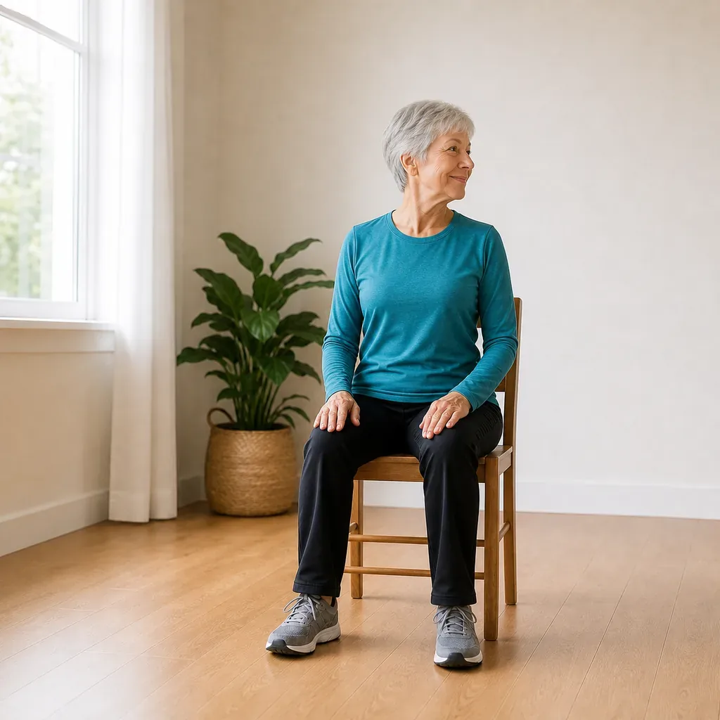 Senior woman performing a gentle seated neck turn