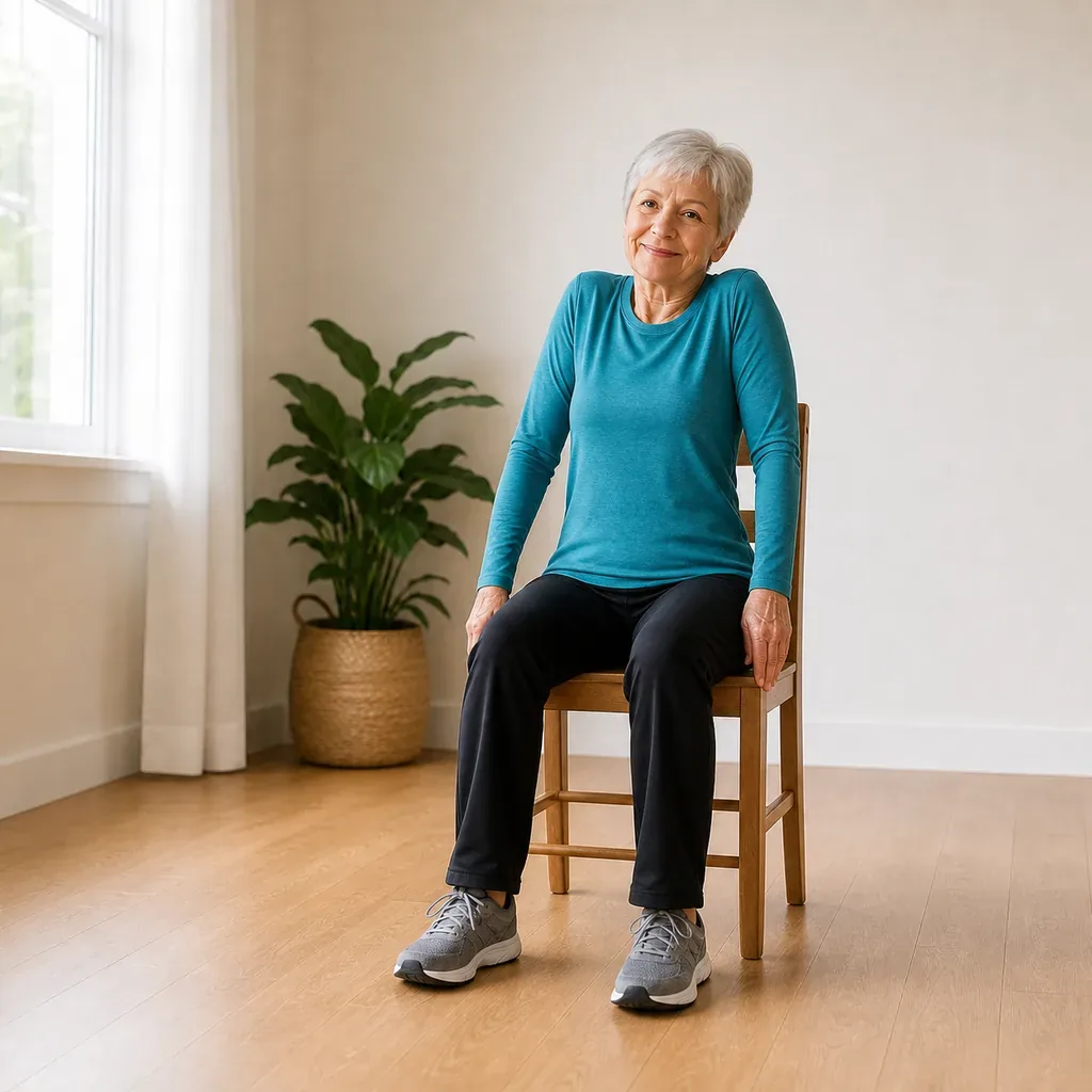 Senior woman performing controlled seated shoulder rolls