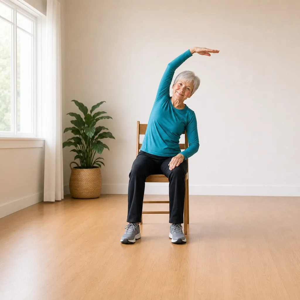 Senior woman performing a seated overhead side reach