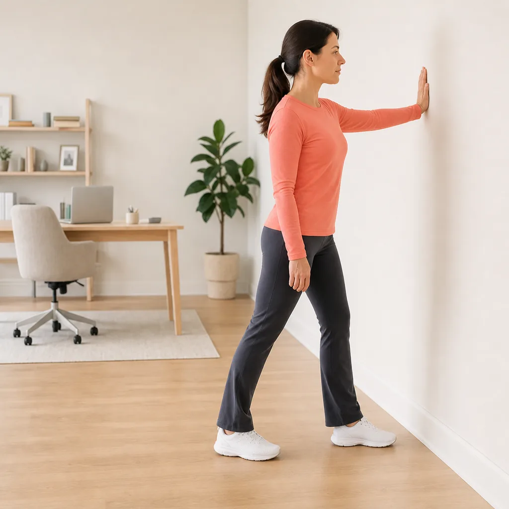 Woman performing a single-arm wall chest stretch