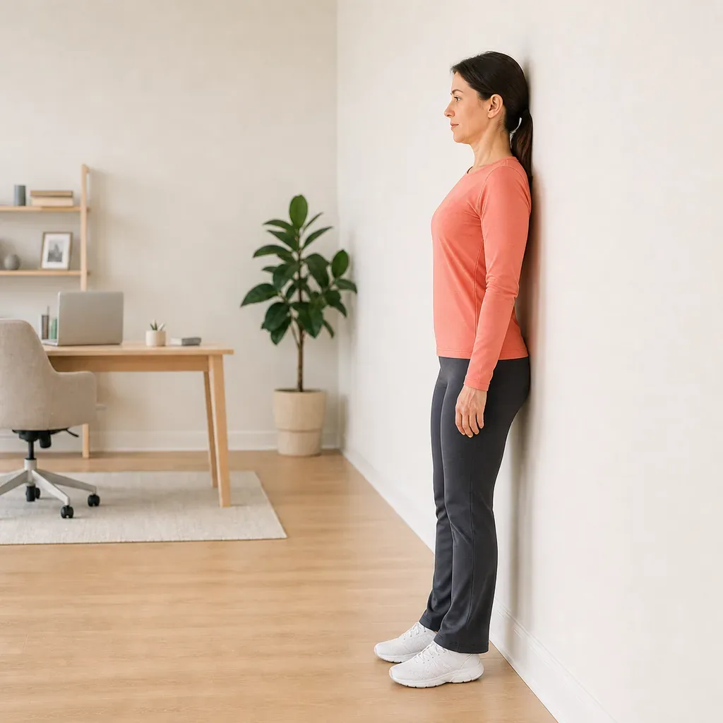 Woman practicing a gentle wall chin tuck