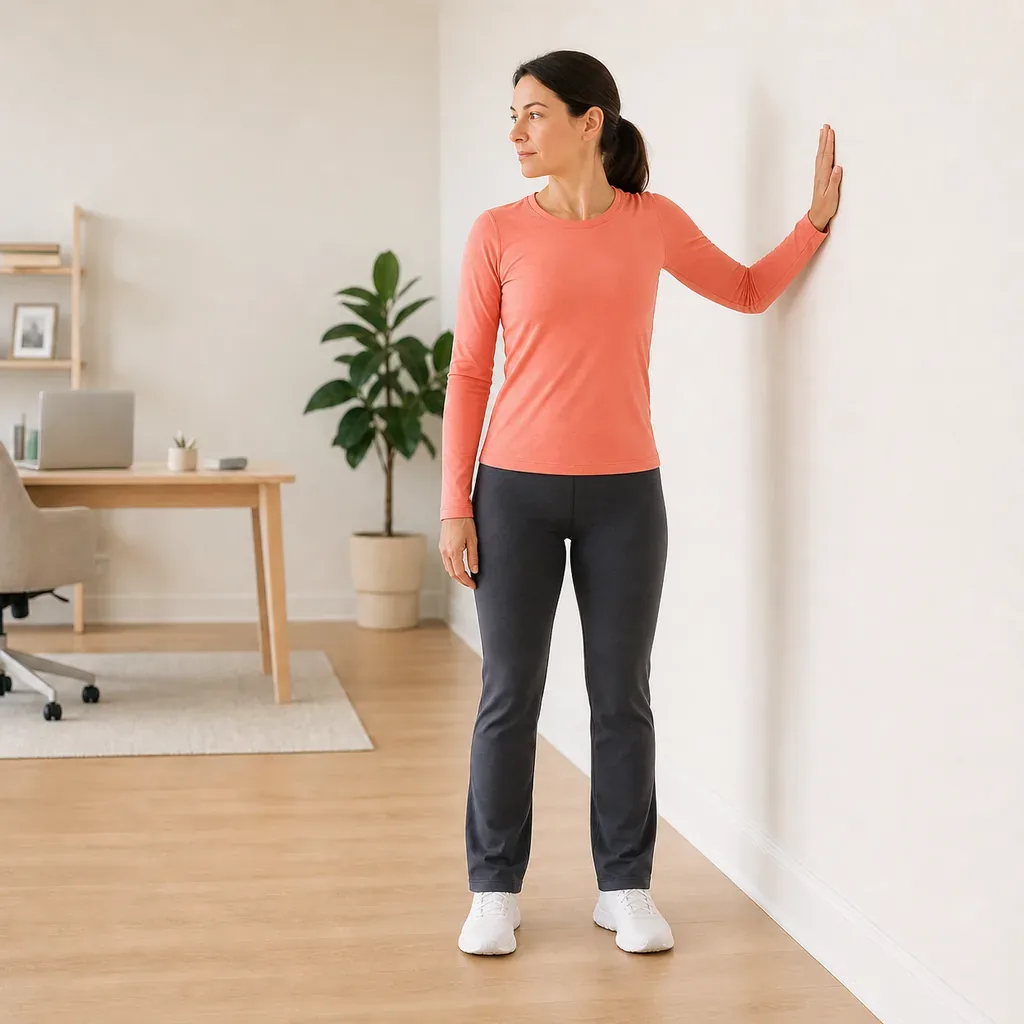 Woman performing a wall-supported upper-back rotation