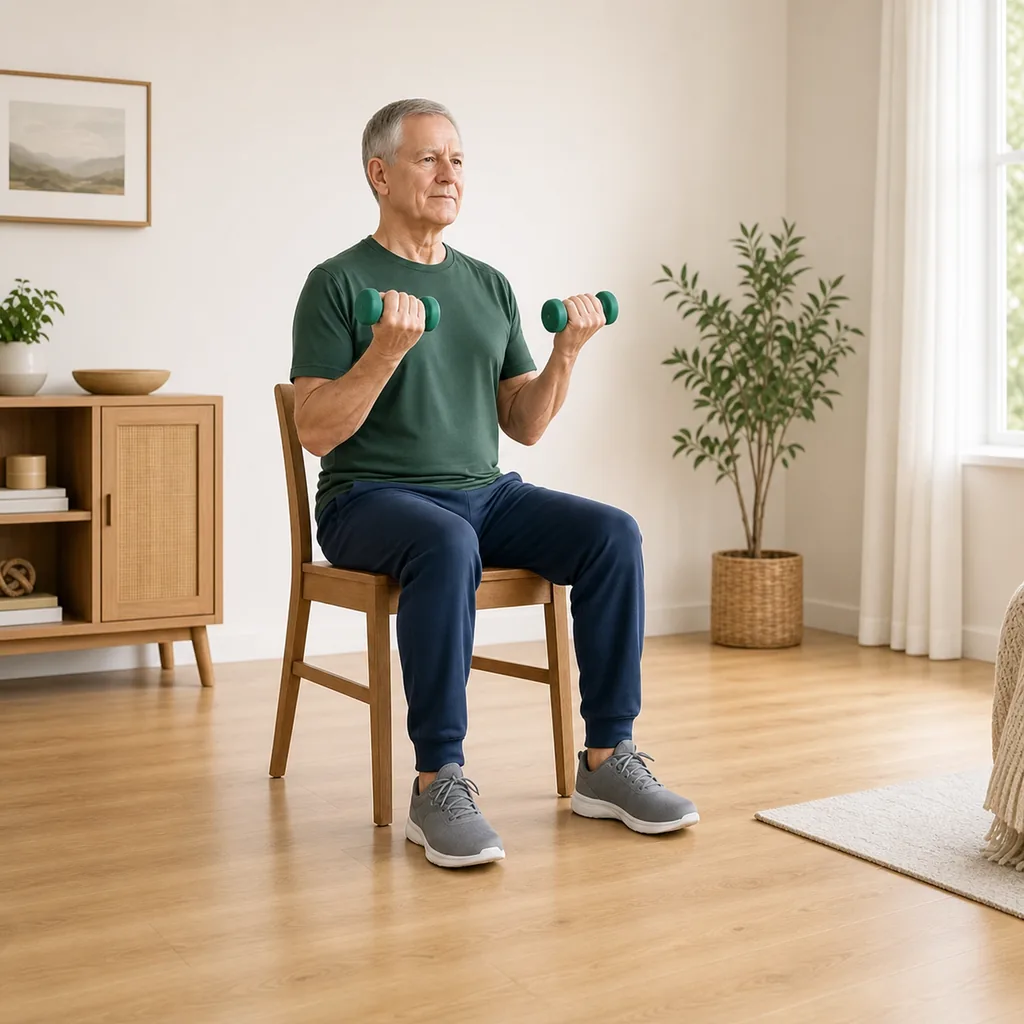 Older man performing seated biceps curls with light dumbbells