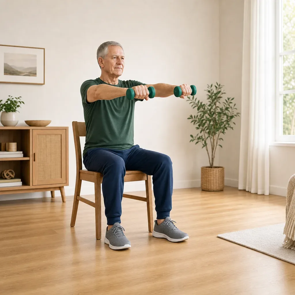 Older man performing seated front raises with light dumbbells