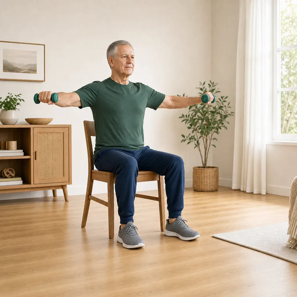 Older man performing seated lateral raises with light dumbbells
