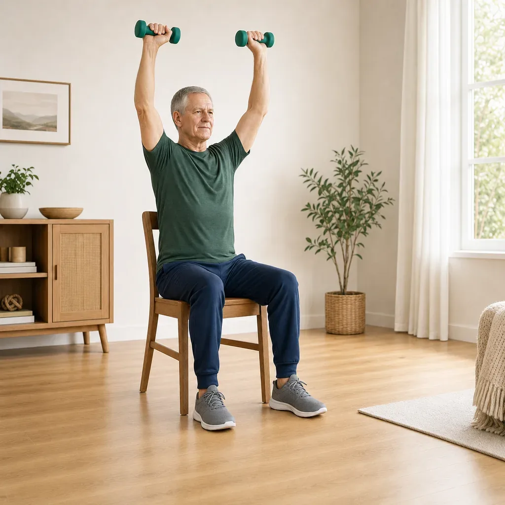 Older man performing a seated shoulder press with light dumbbells