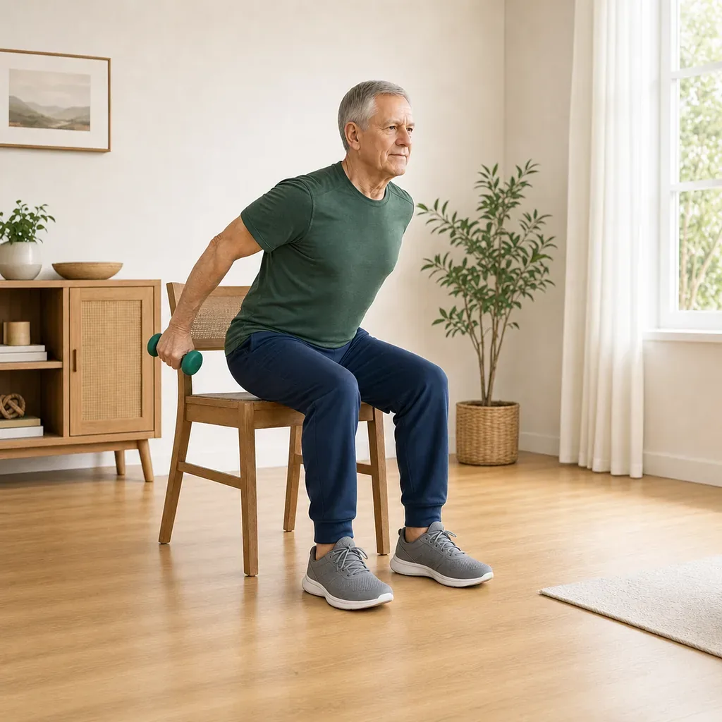 Older man performing seated triceps kickbacks with light dumbbells