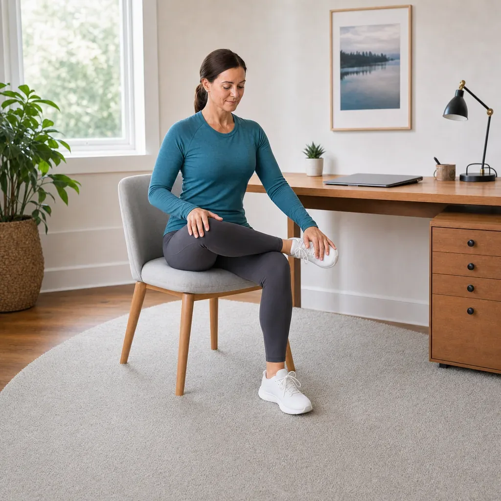 Woman performing a seated figure-four desk stretch