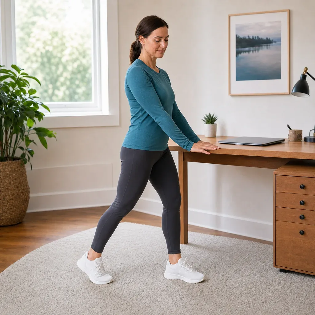 Woman performing a desk-supported standing hip-flexor stretch