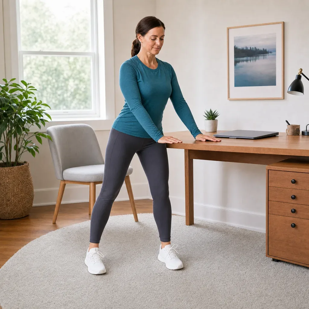 Woman using a desk for support during lateral hip shifts