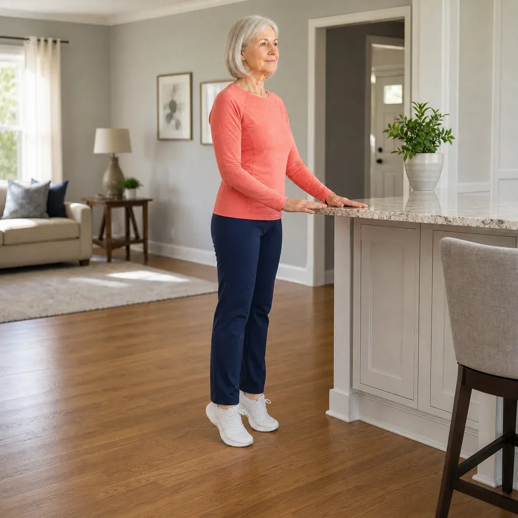 Older woman performing supported heel raises at a counter