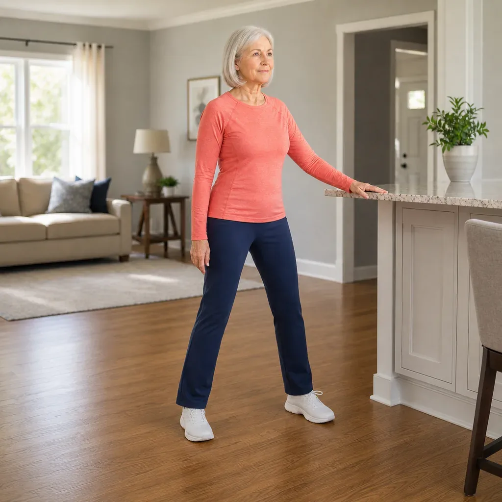 Older woman practicing small supported side steps